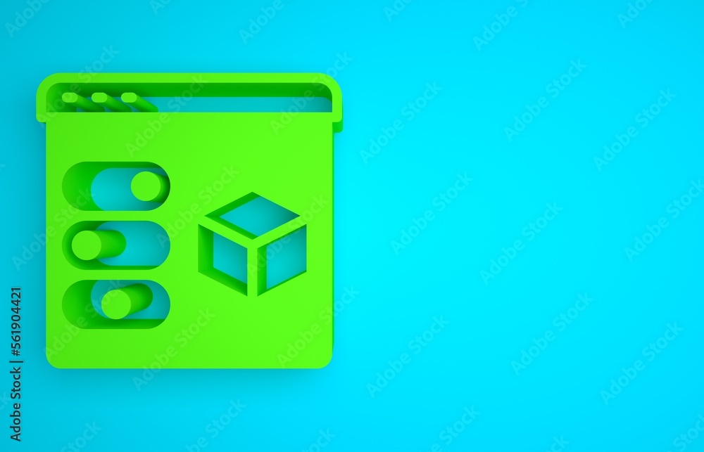 Green 3D printer icon isolated on blue background. 3d printing. Minimalism concept. 3D render illust