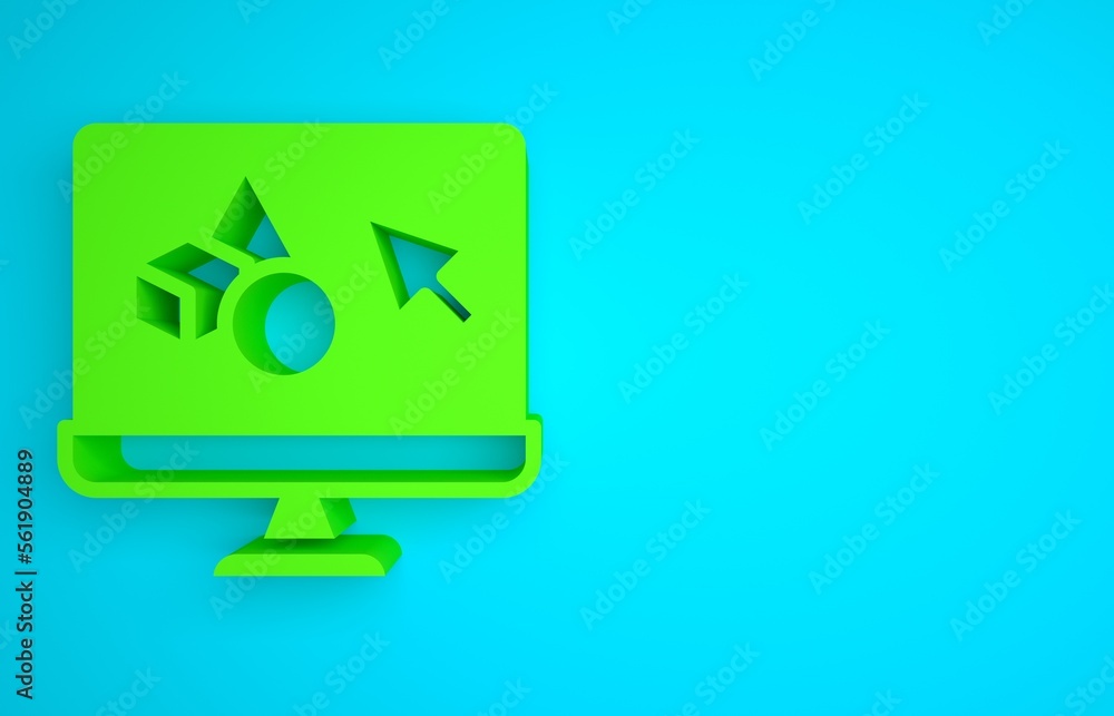 蓝色背景上隔离的绿色3D打印机软件图标。3D打印。极简主义概念。3D趋势