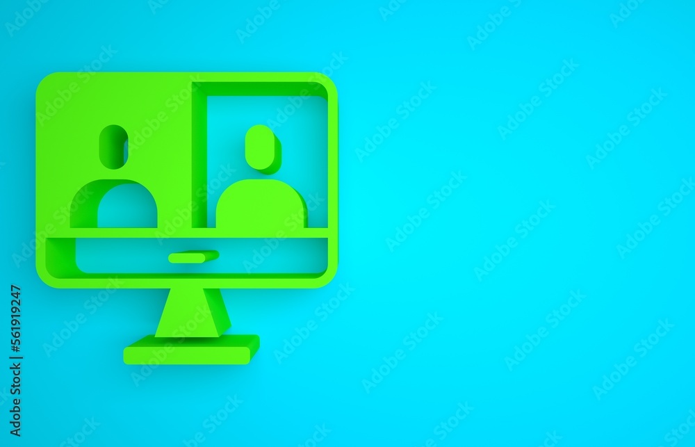Green Video chat conference icon isolated on blue background. Computer with video chat interface act