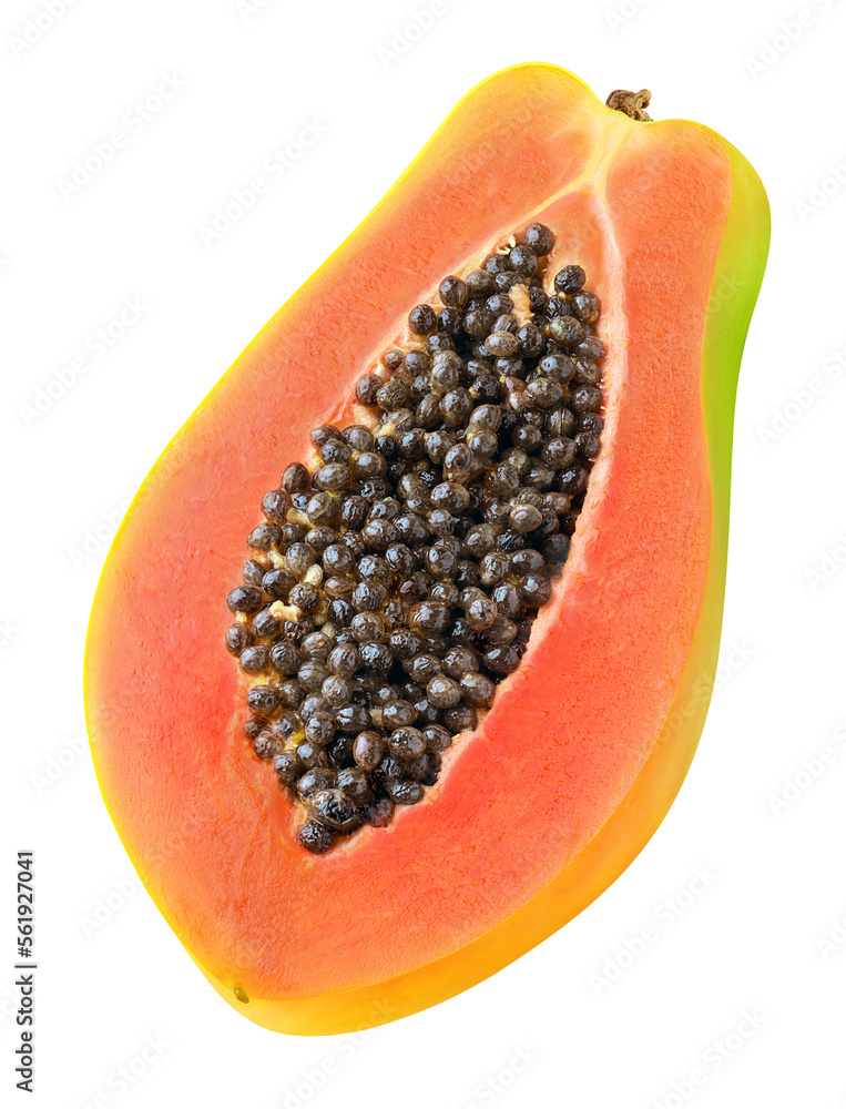 Papaya fruit half with seeds, cut out