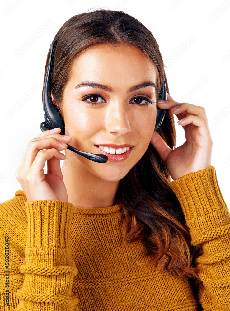 Call center, consultant and portrait of woman isolated with smile and communication on white backgro