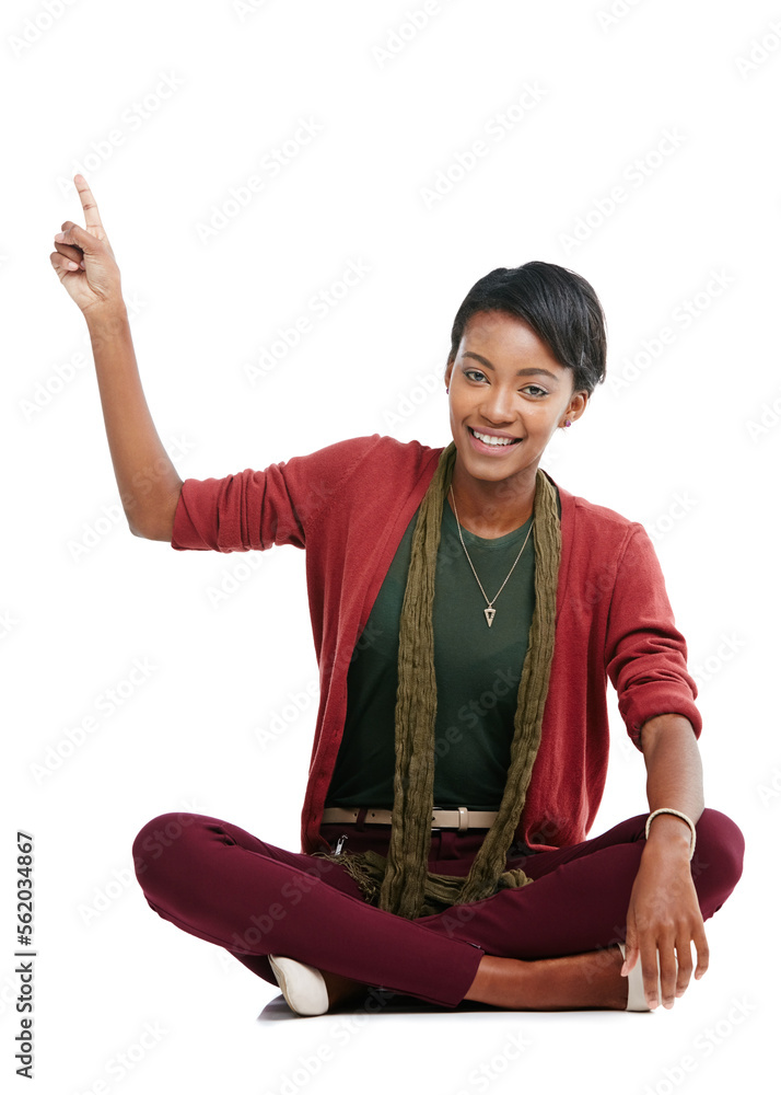Black woman, portrait and pointing at promotion mockup, isolated marketing space or advertising mock