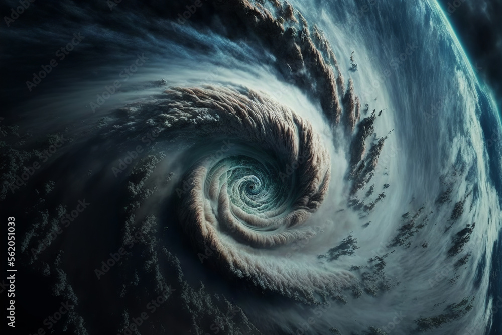太空中的气旋眼视图。巨大的飓风背景。世代ai