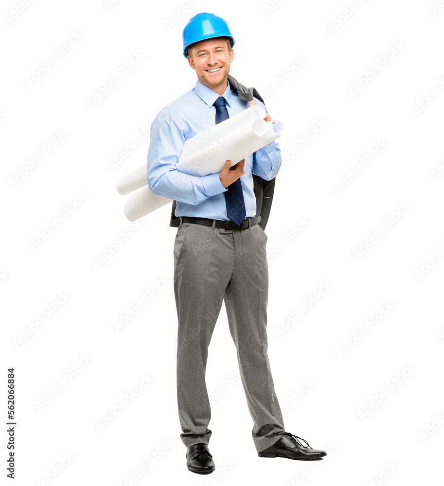 A handsome young contractor standing alone in the studio and holding blueprints isolated on a PNG ba
