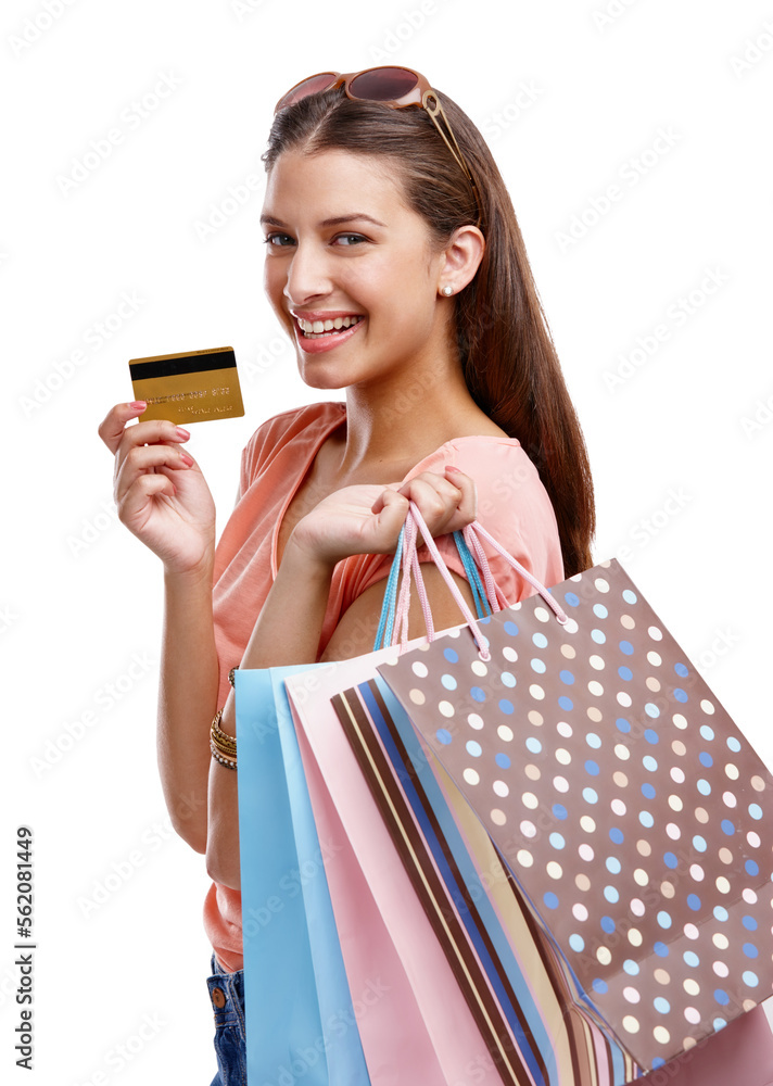 快乐女人，购物和信用卡用于肖像，白色背景和隔离工作室用于产品