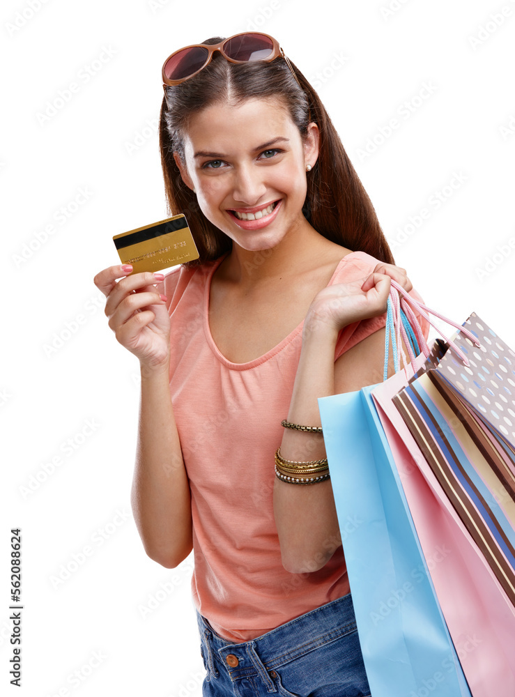 女性、信用卡和工作室肖像用于购物，白色背景和独立工作室用于制作