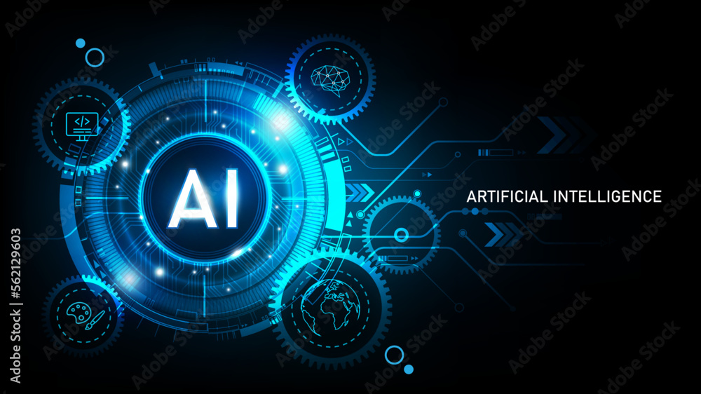 Artificial Intelligence Logo on futuristic technology background, AI disruption concept, neural netw