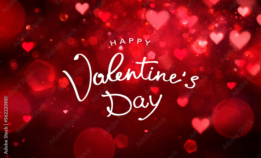 Happy Valentines Day Handwriting Text In Abstract Defocused Red Background