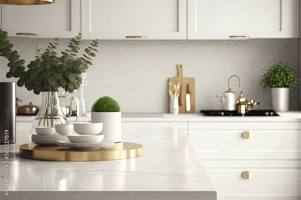 , illustration A contemporary luxury white kitchen tabletop with decorations and copy space for mont