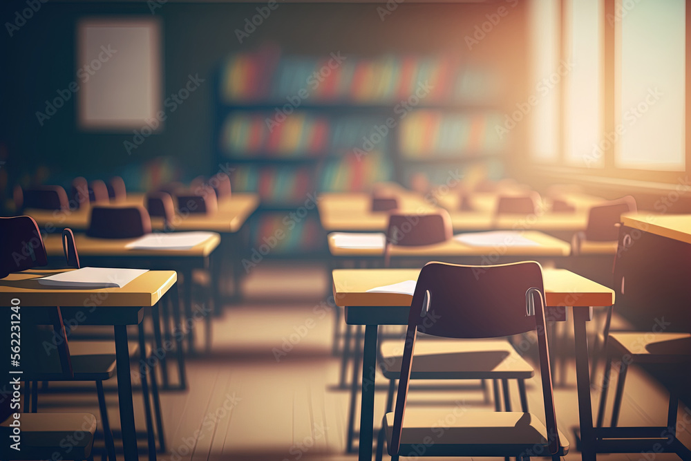 Blurred image of empty modern classroom with wooden desks and chairs. Back to school concept. Genera