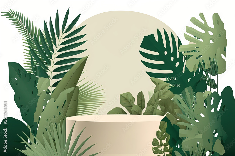 现代简约裙楼棕榈绿自然热带野生概念背景。世代人工智能