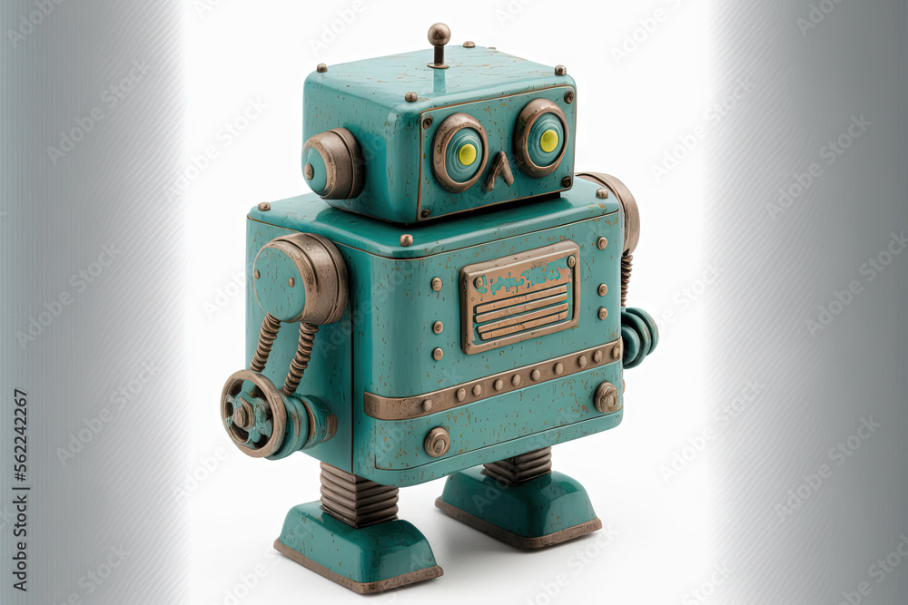 Vintage tin robot toy isolated on a white background. Generative AI