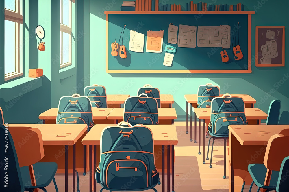 小学没有孩子和老师的空教室里，桌子附近的背包。教育