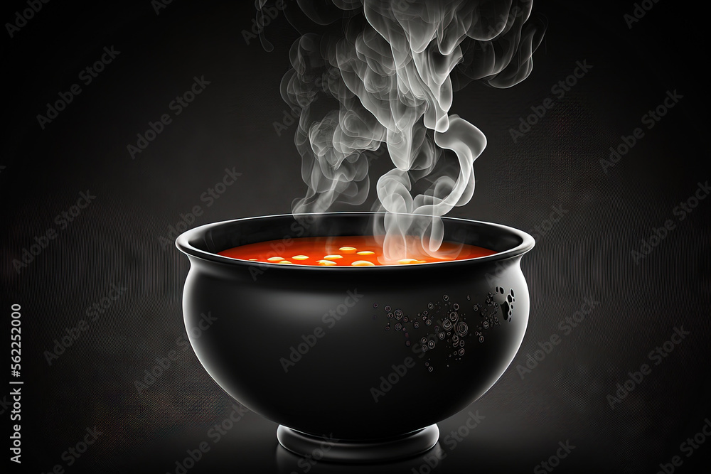 Steam of hot soup with smoke in a soup black ceramic bowl on dark background.selective focus. Genera
