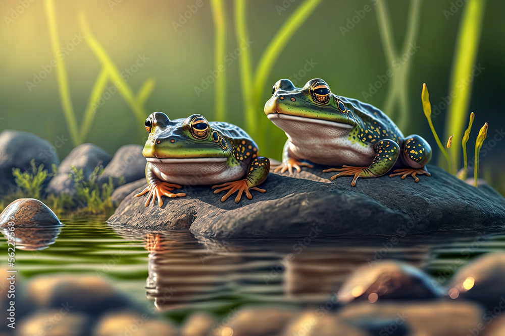 Frogs two Rana ridibunda (pelophylax ridibundus) are seen sitting on stones in a pond with a distant
