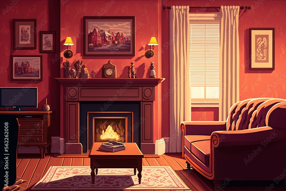 Classic American cozy living room interior with fireplace and red wall. Generative AI