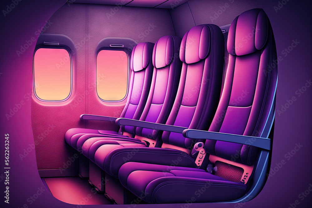 purple color Empty passenger airplane seats in the cabin. Generative AI