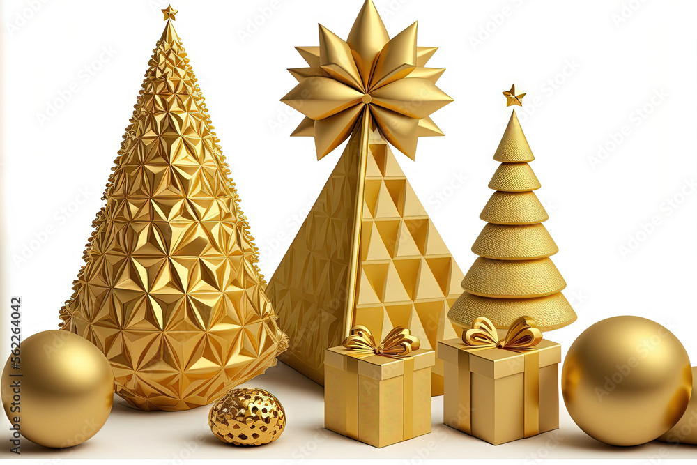 用人造金球装饰的圣诞树，大型礼物，以及用金色补丁做成的装饰品