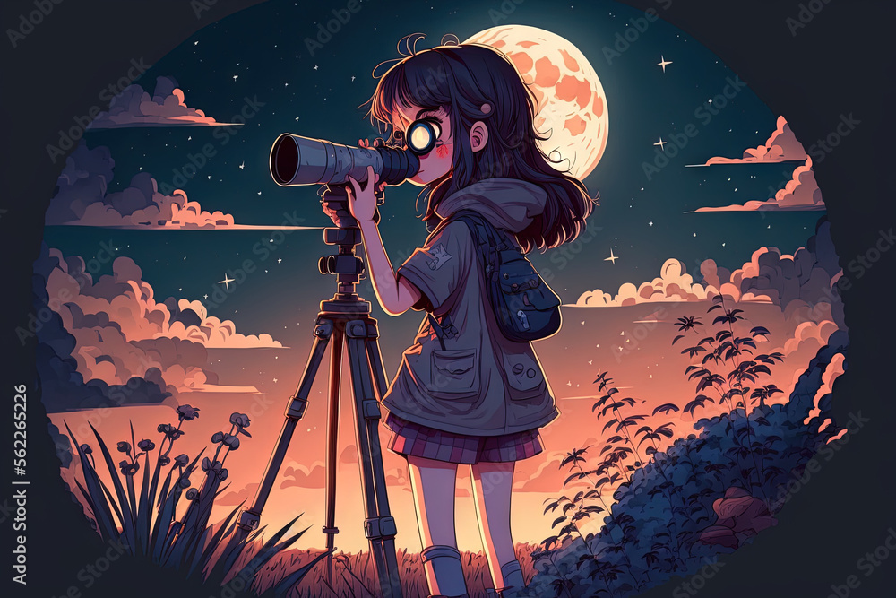 带着天文望远镜的女孩在黄昏的天空下观星。生成AI