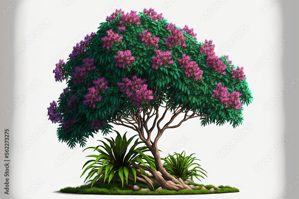 With a clipping path, a flower bush shrub of a green tree isolates a tropical plant. Generative AI