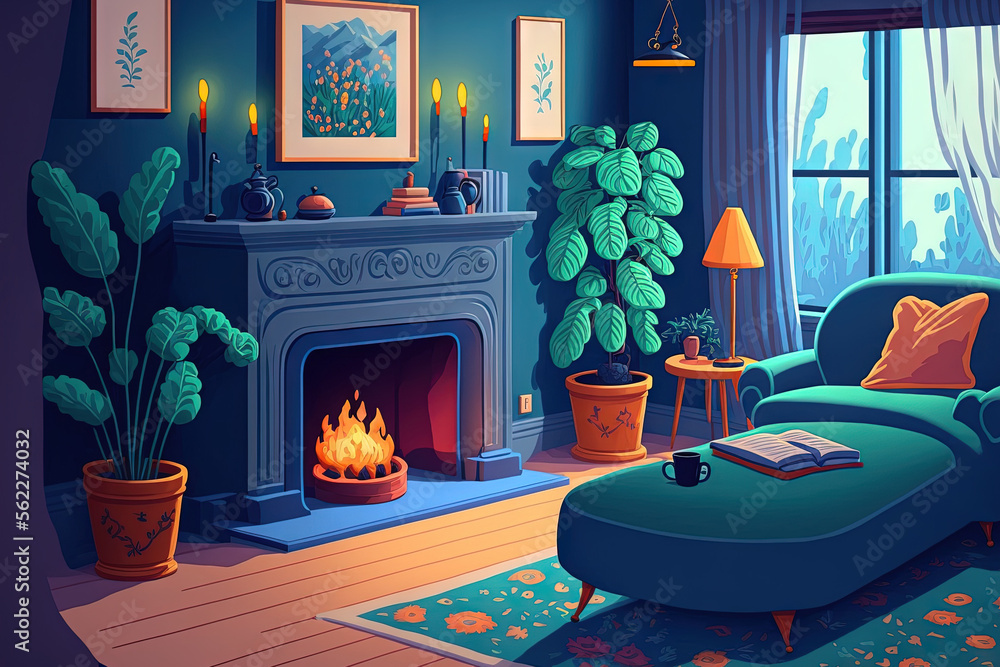可爱的现代卧室内部，配有蓝色沙发、壁炉、盆花、地毯和桌子。Generative AI