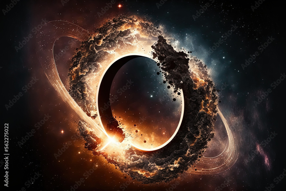 Space wallpaper with an abstract letter O design, a black hole over a star field, and sparks of ligh