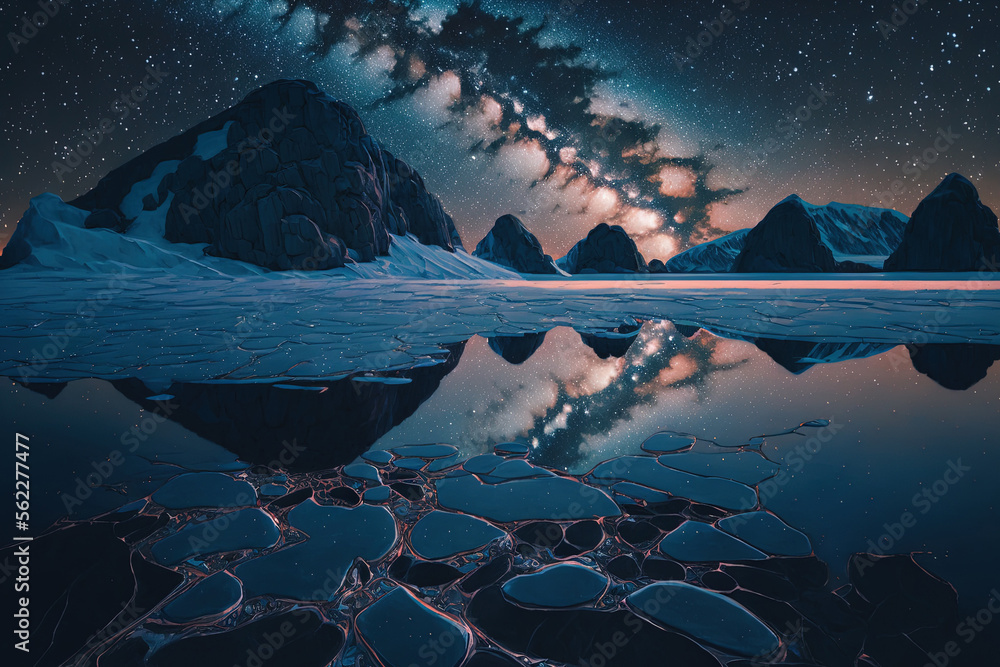 On Lake Baikal in Siberia, Russia, a landscape of a mountain with naturally broken ice and the Milky
