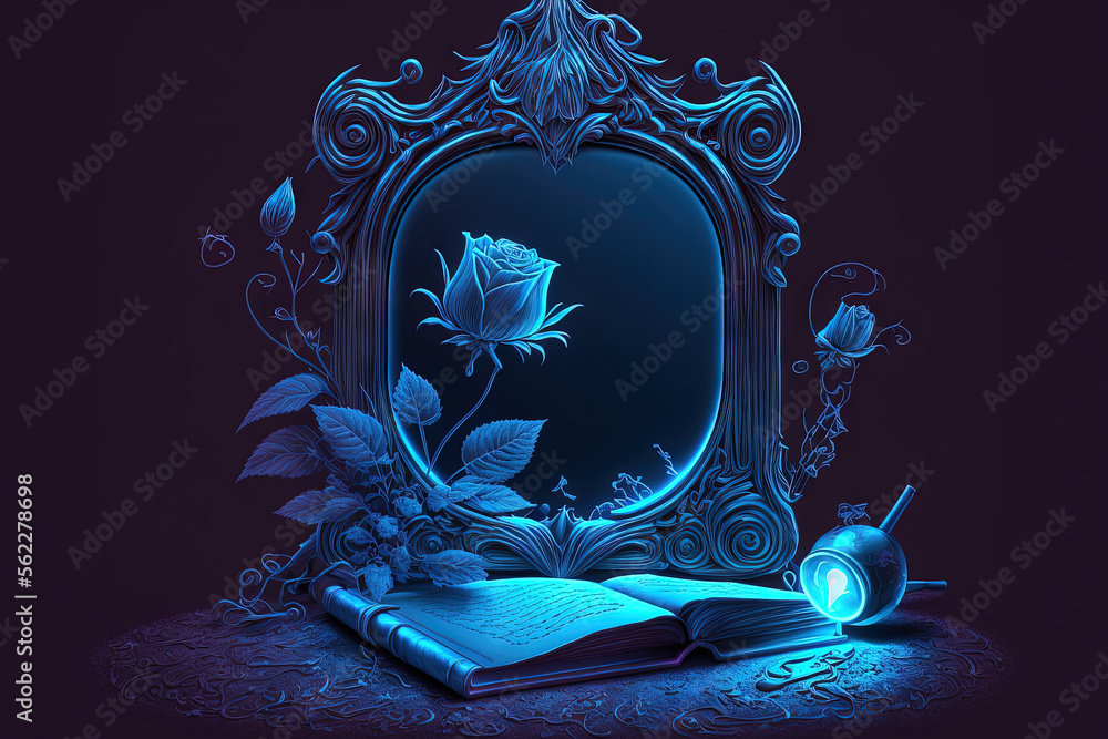Dark fantasy background including magic, a magic rose, flowers, an antique book, and an old iron mir