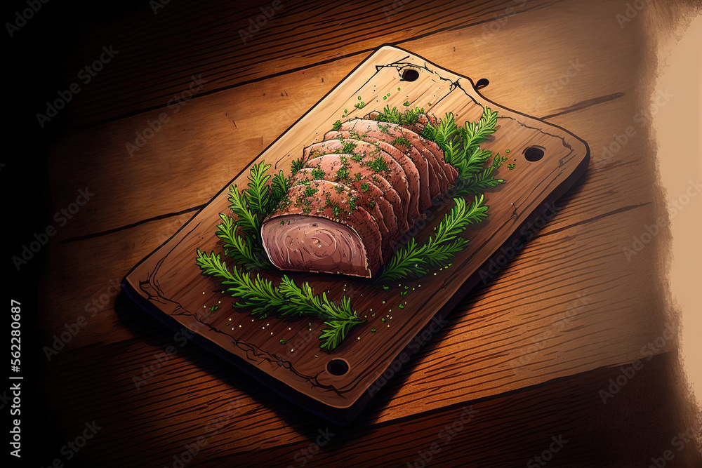 atop a rustic board, cold smoked pork sirloin with herbs. a wooden backdrop looking up. the space ba