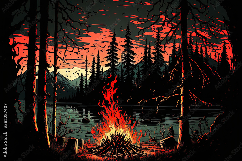 Fire in the forest at Lac Saint jean. Generative AI
