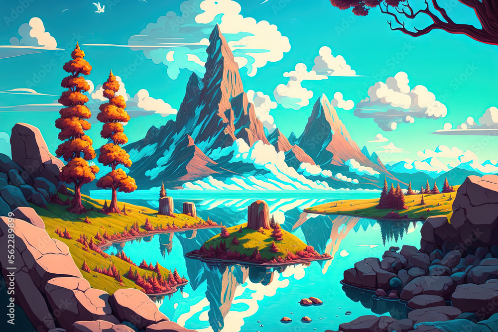 数字绘画插图，一个有大山、岩石和树木的场景，mi中的一个湖泊