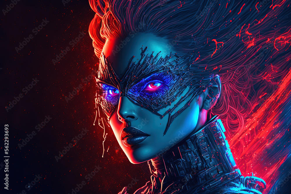 Cyberpunk fashion. Futuristic beauty. Fantasy power. Art portrait of mysterious cyborg woman with LE