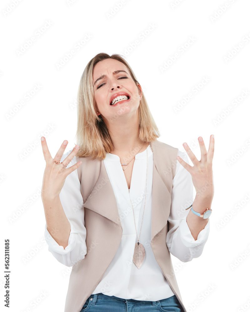 Stress, woman and frustrated hand gesture, portrait of isolated person crying on white background. P