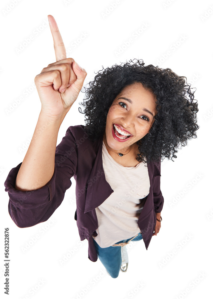 Portrait, pointing and excited with a model black woman in studio isolated on a white background fro