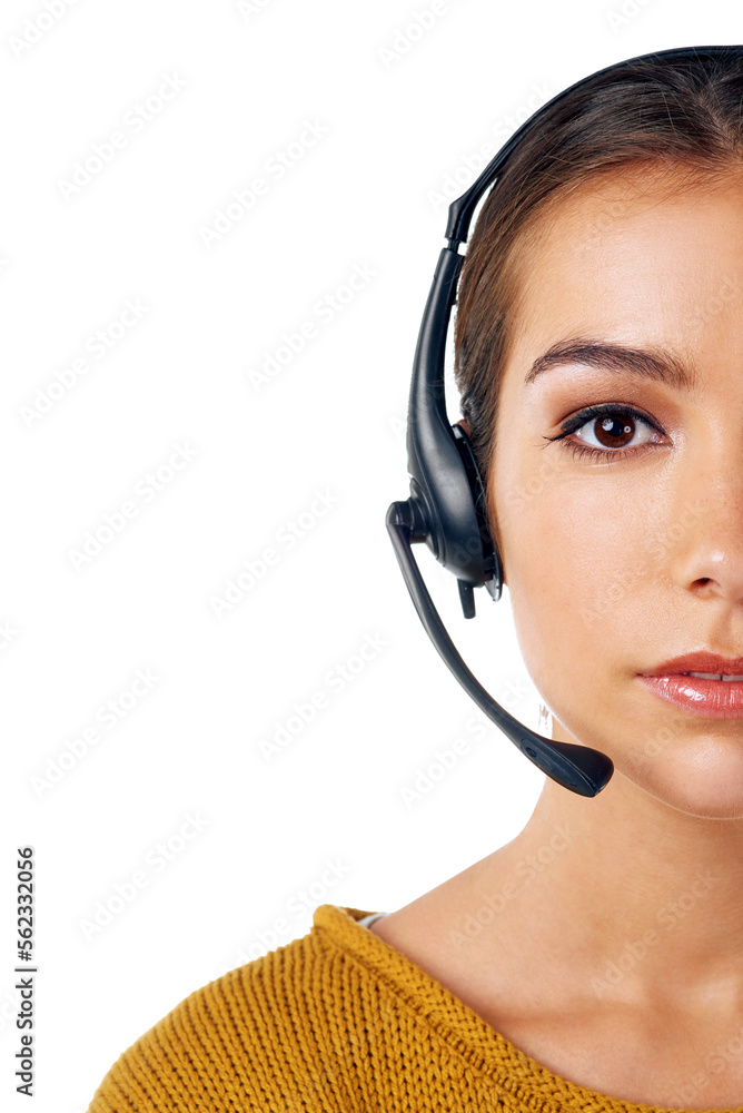 呼叫中心、客户关系管理和女性的半张脸被隔离，并在白色背景下进行沟通咨询