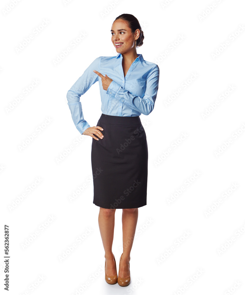 Business woman, finger or pointing hands at promotion mockup, isolated marketing space or advertisin