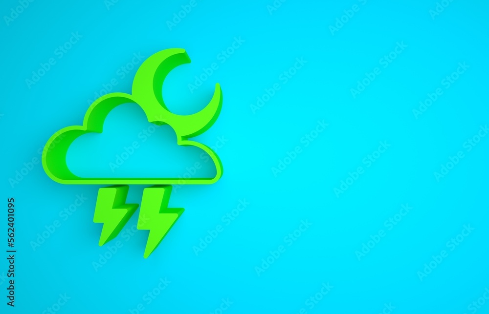 蓝色背景上孤立的绿色风暴图标。带闪电和月亮标志的云。st的天气图标