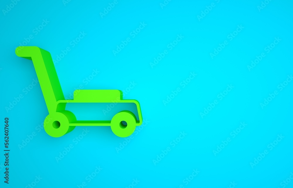蓝色背景上隔离的绿色割草机图标。割草机割草。极简主义概念。3D