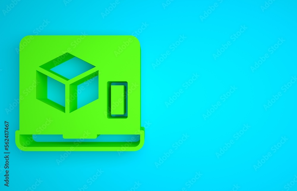 Green 3D printer icon isolated on blue background. 3d printing. Minimalism concept. 3D render illust