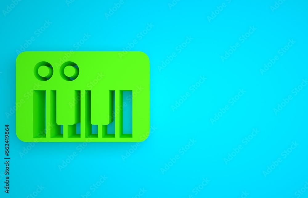 蓝色背景上隔离的绿色音乐合成器图标。电子钢琴。极简主义概念。3D r
