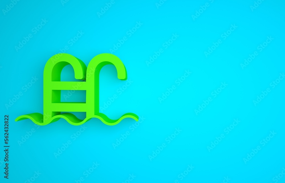 Green Swimming pool with ladder icon isolated on blue background. Minimalism concept. 3D render illu