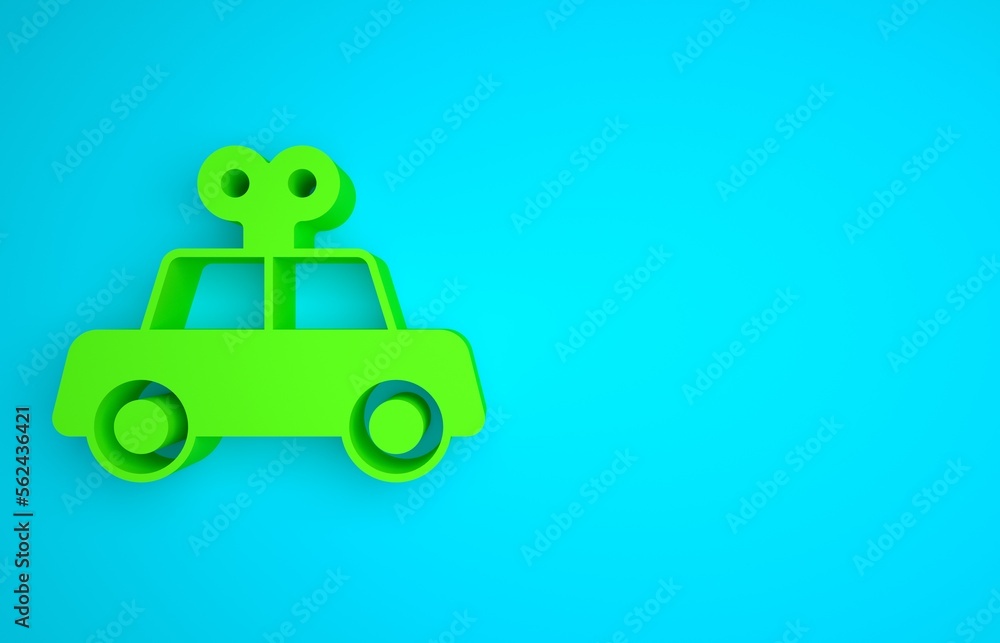蓝色背景上隔离的绿色玩具车图标。极简主义概念。3D渲染插图