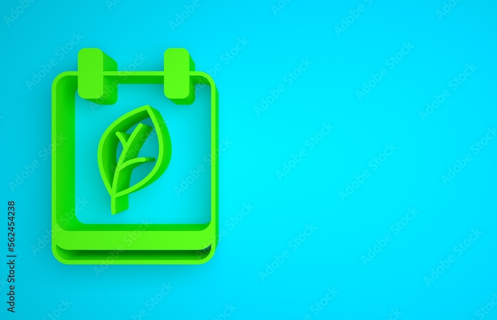 Green Calendar with autumn leaves icon isolated on blue background. Minimalism concept. 3D render il