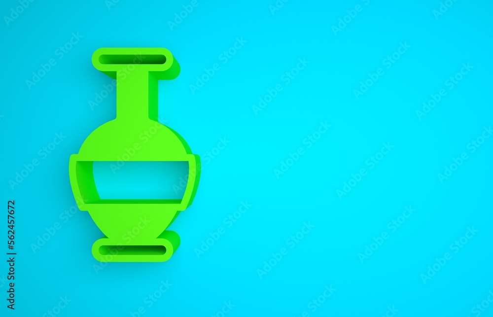 蓝色背景上隔离的绿色古代双耳瓶图标。极简主义概念。3D渲染插图