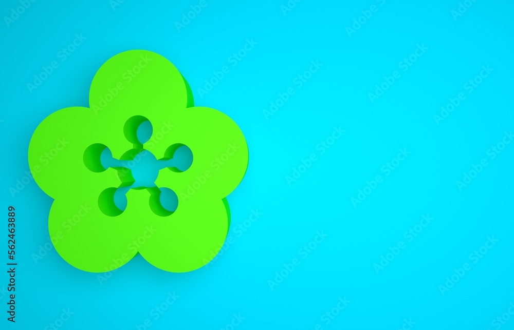 蓝色背景上的绿莲花图标。极简主义概念。3D渲染插图