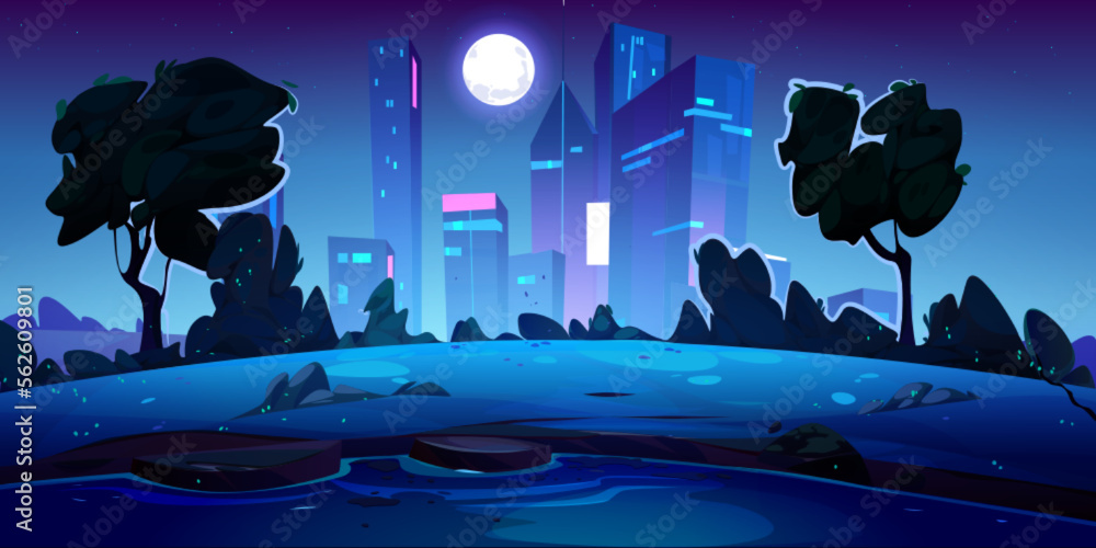Summer night park with lake in big city. Cartoon vector illustration of beautiful public garden land