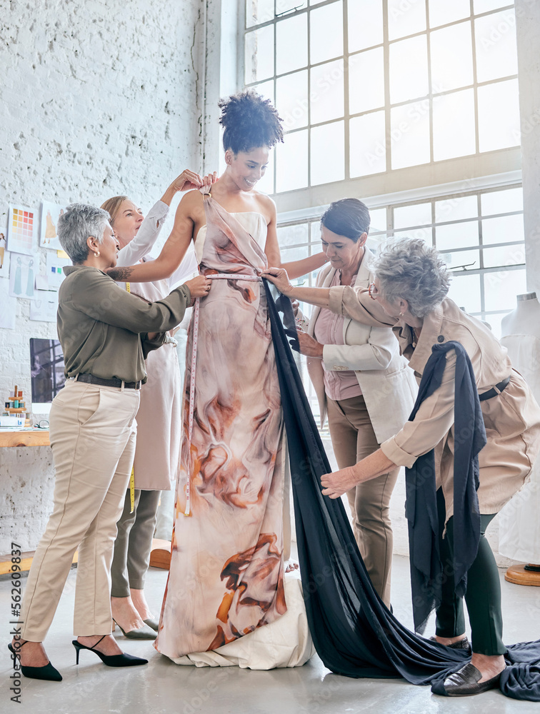 Designer women, help model and fitting dress, design and teamwork for runway fashion vision in works