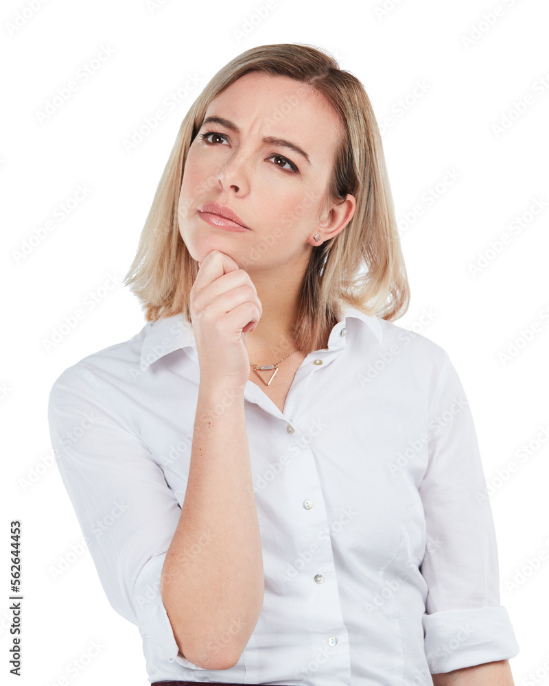 Focus, business and woman thinking, decision and leader isolated on white studio background. Female 