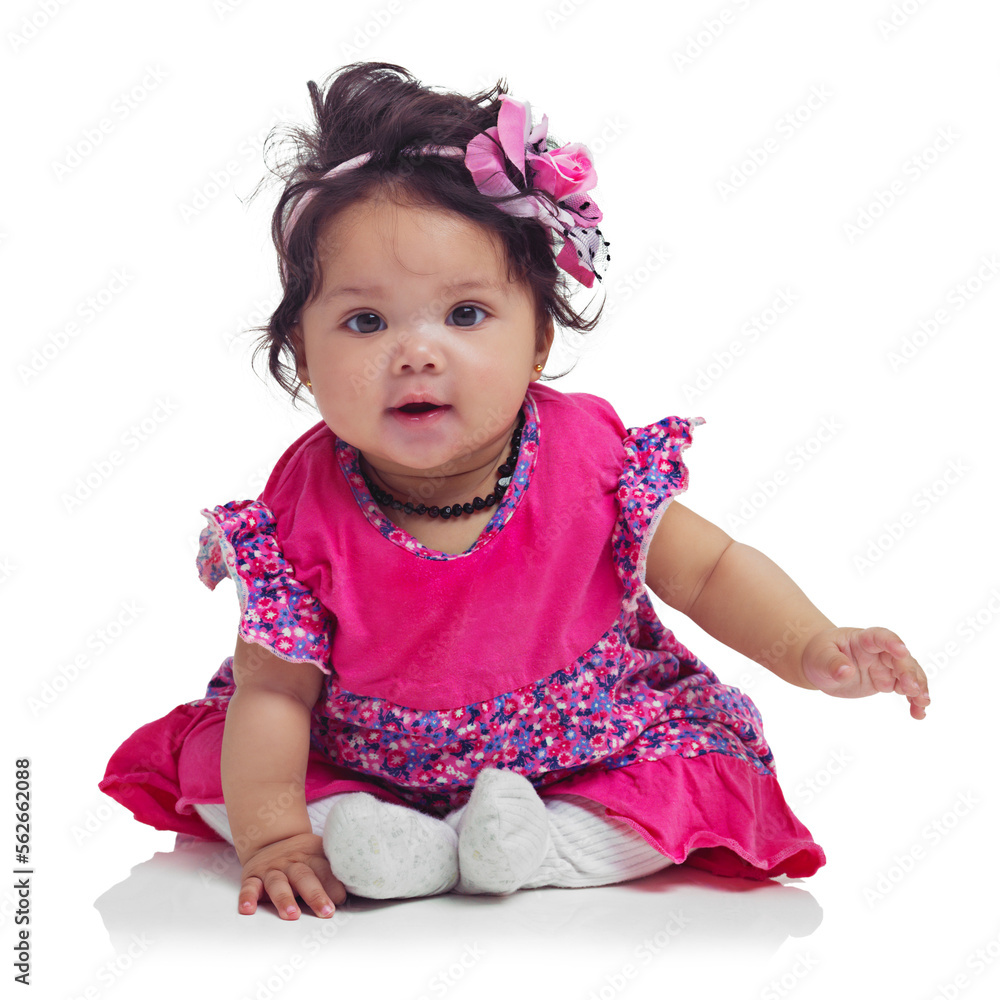 Cute, happy and portrait of a baby girl sitting isolated on a white background in a studio. Girly, p