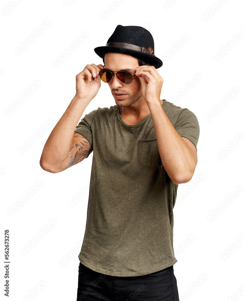 一个戴着太阳镜的时髦年轻人，在巴布亚新几内亚背景下与世隔绝。